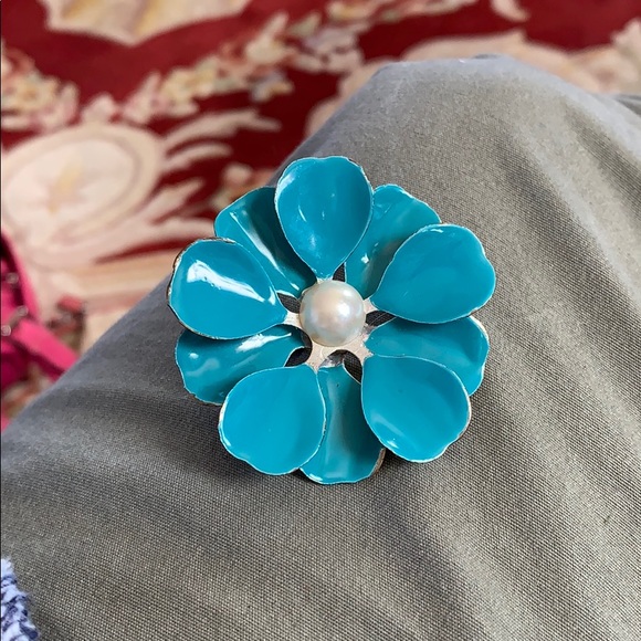 1950’s Vintage Turquoise enameled Flower pin 3” - Picture 2 of 4